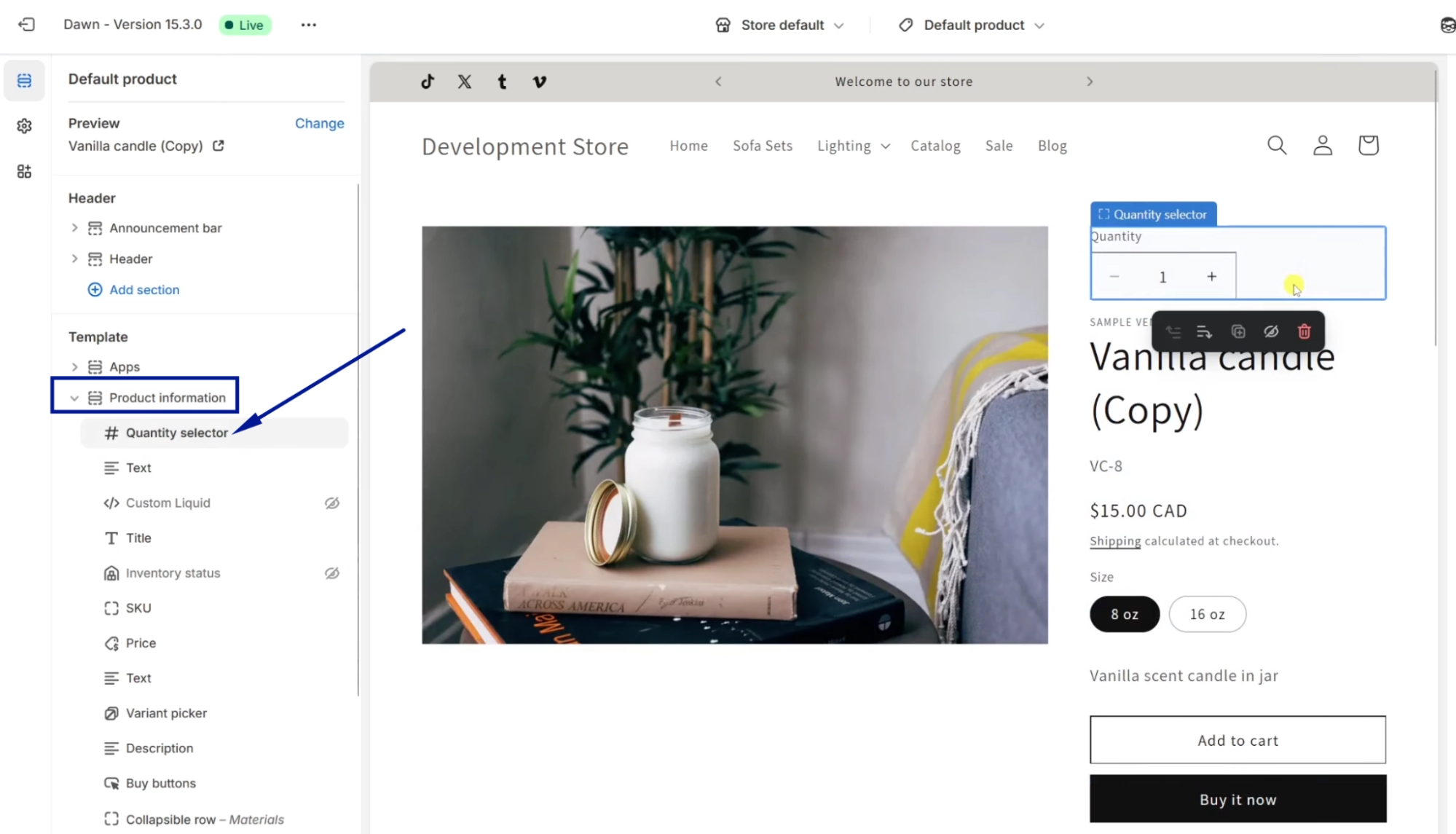 Edit quantity selector settings on product template